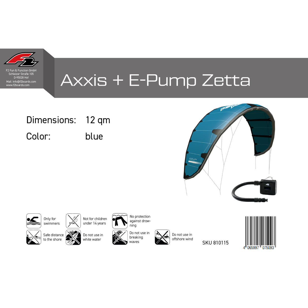 F2 Kite Axxis mit E-Pumpe Zetta - Größe wählbar Blau