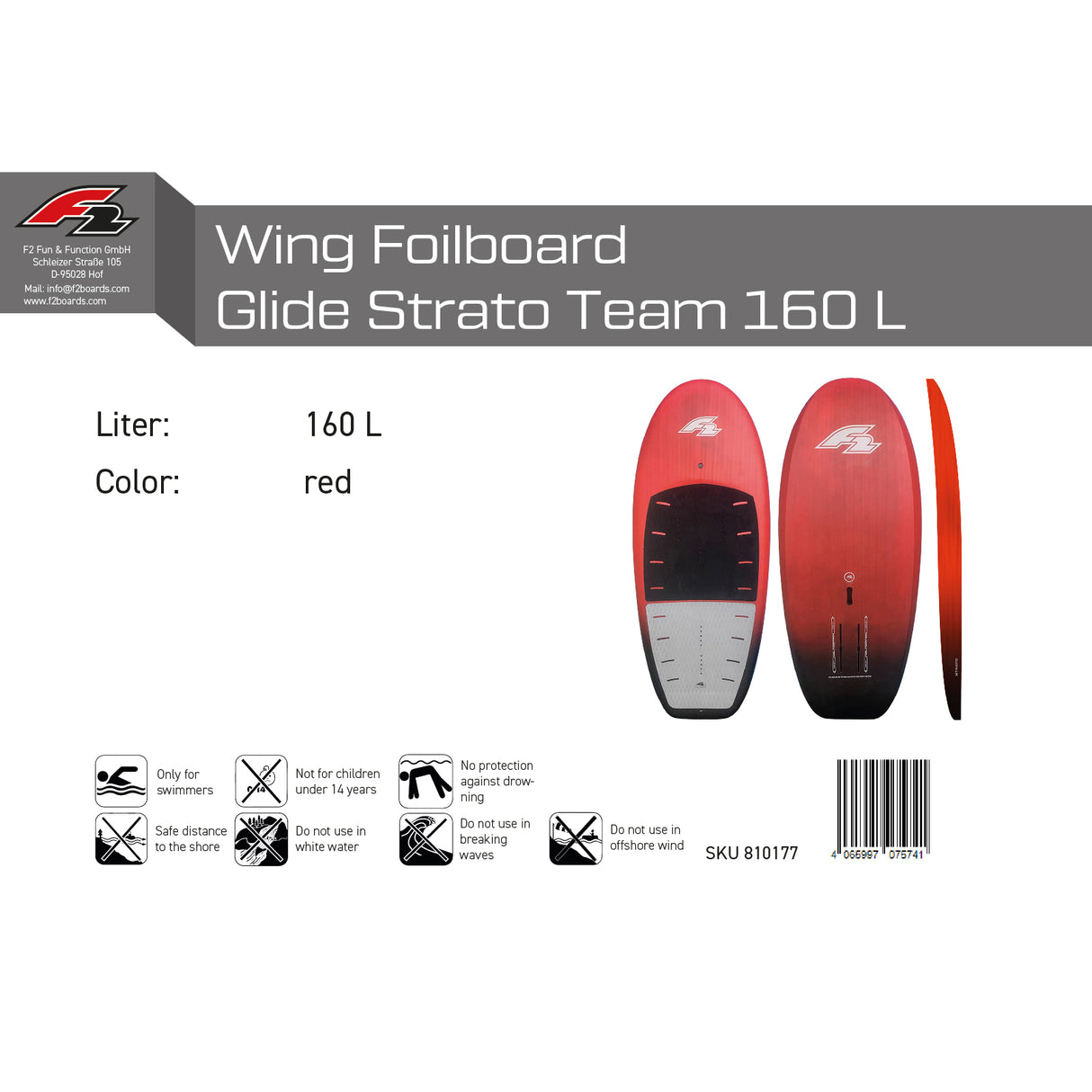 F2 Wing Foilboard Glide Strato Team Foil Board Rot - Größe wählbar