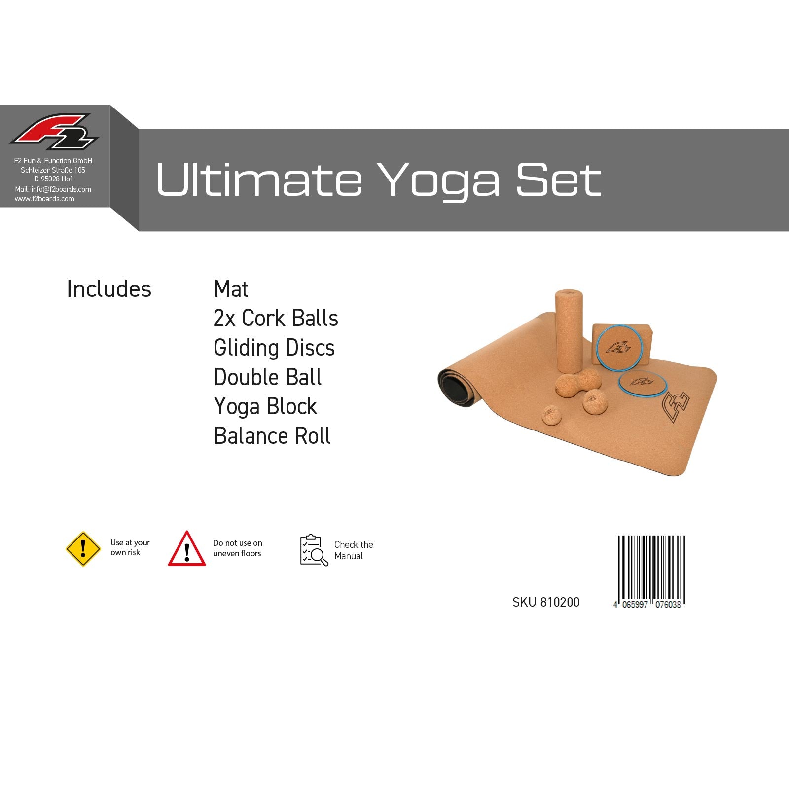 F2 Ultimatives Yoga Set 8-tlg. Korkmatte, Bälle & Block – Für
