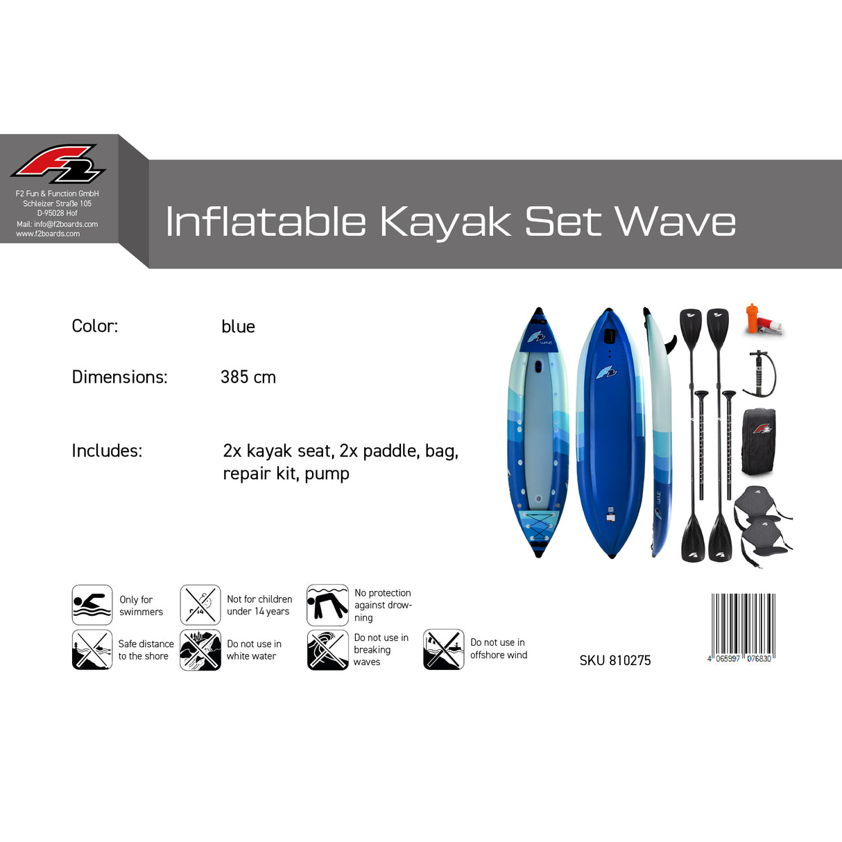 F2  Inflatable Kajak Set Wave 2 Sitzer Aufblasbar 385cm Blau