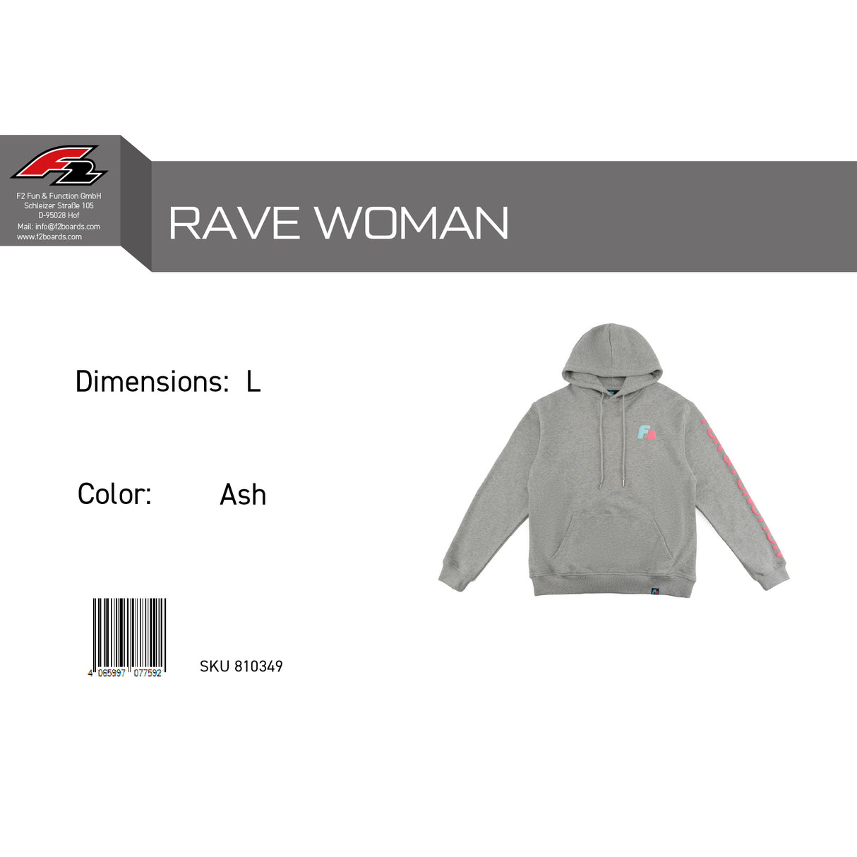 F2 Retro Rave Hoodie Ash Damen Sweatshirt Pullover Grau - Größe wählbar