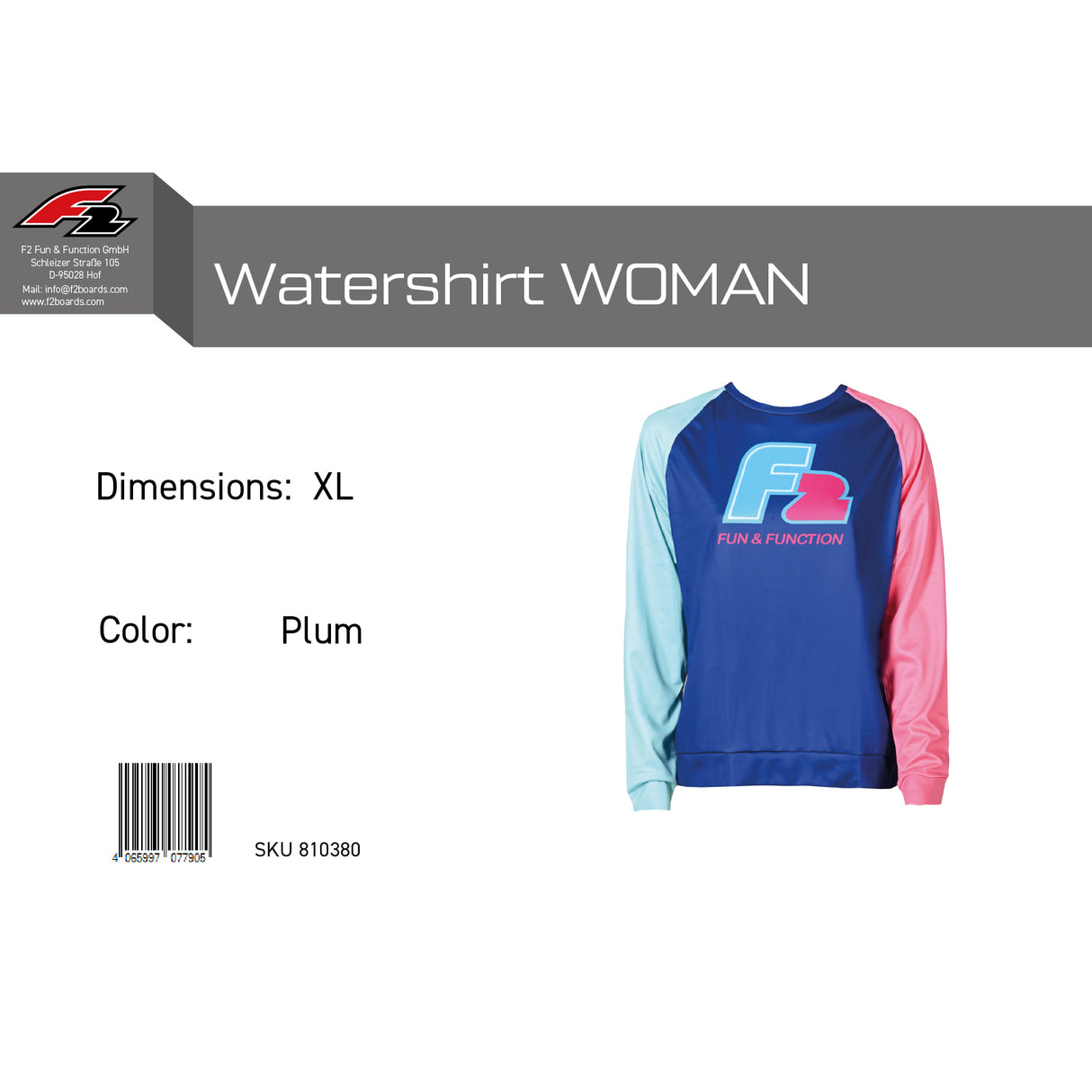 F2 Retro Watershirt Plum Damen Funktionsshirt Wassersport Lila - Größe wählbar