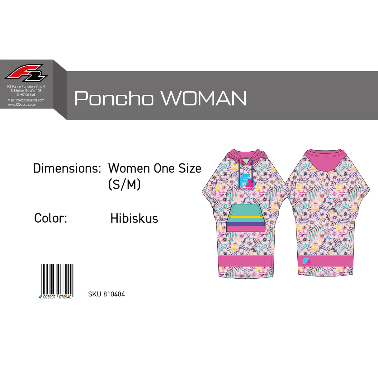 F2  Retro Damen Poncho Hibiskus Badeponcho One Size Rosa