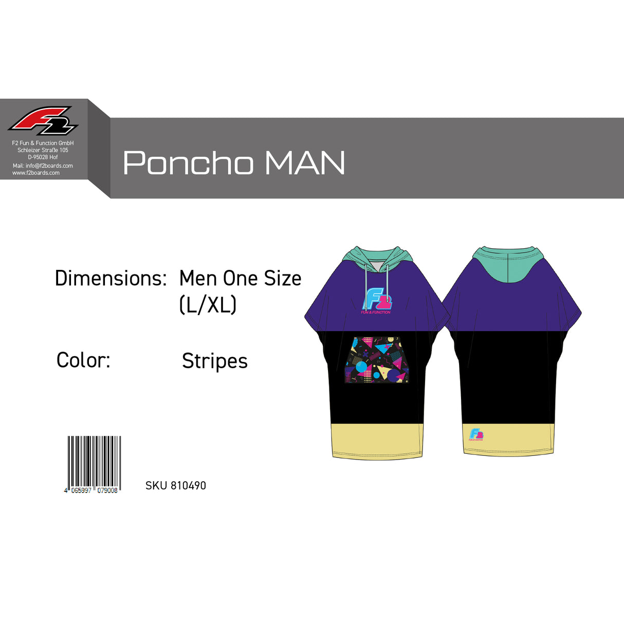 F2  Retro Herren Poncho Stripes Badeponcho One Size Multicolor