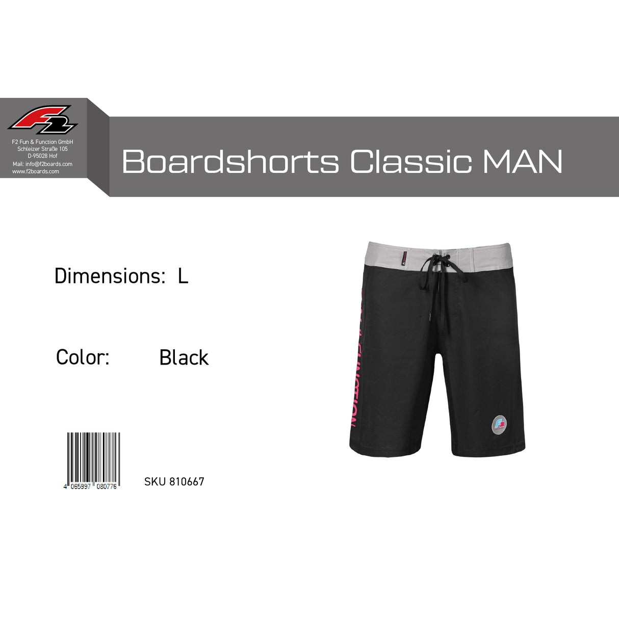 F2 Retro Boardshorts Classic Badeshorts Schwarz - Größe wählbar