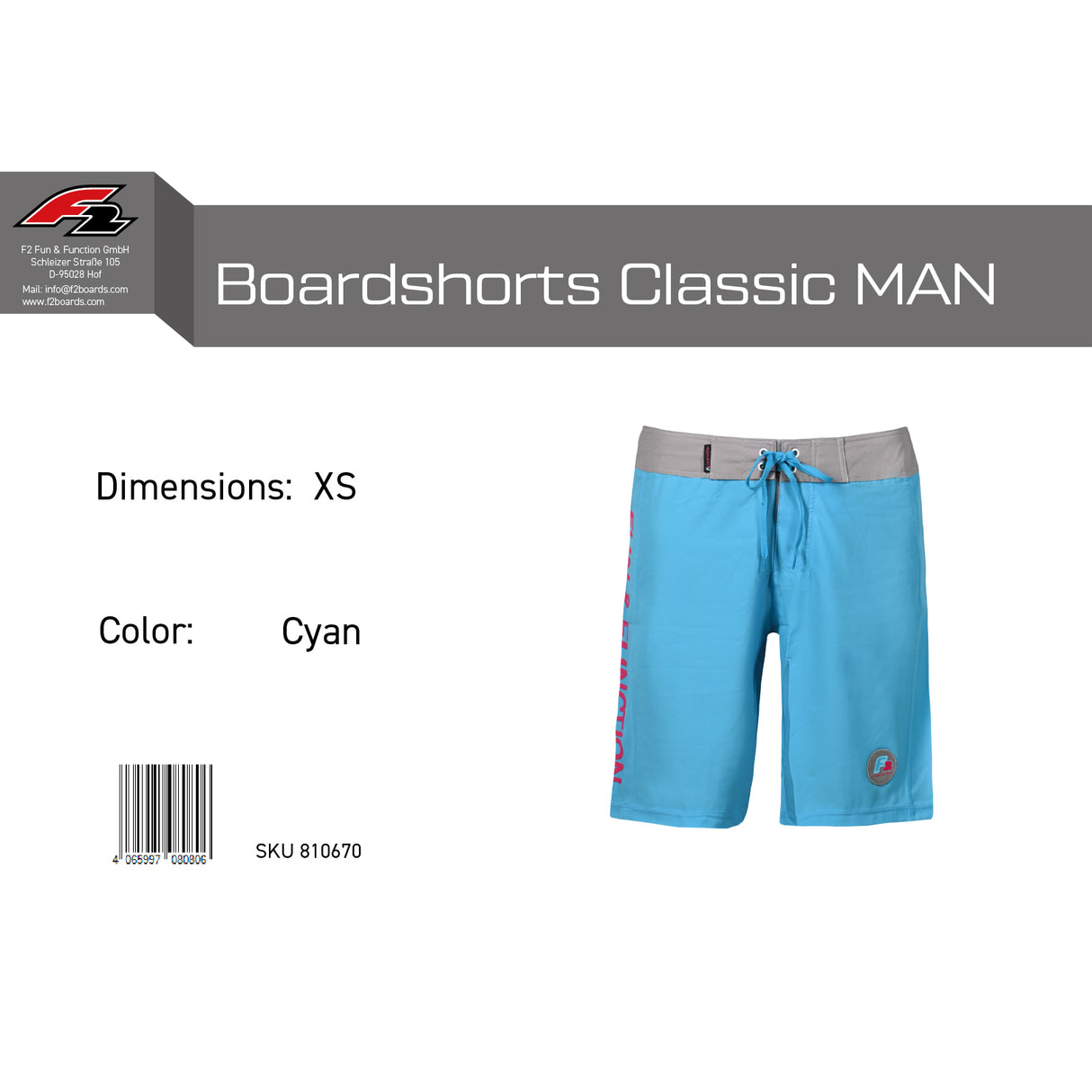 F2 Retro Boardshorts Classic Cyan Badeshorts Blau - Größe wählbar