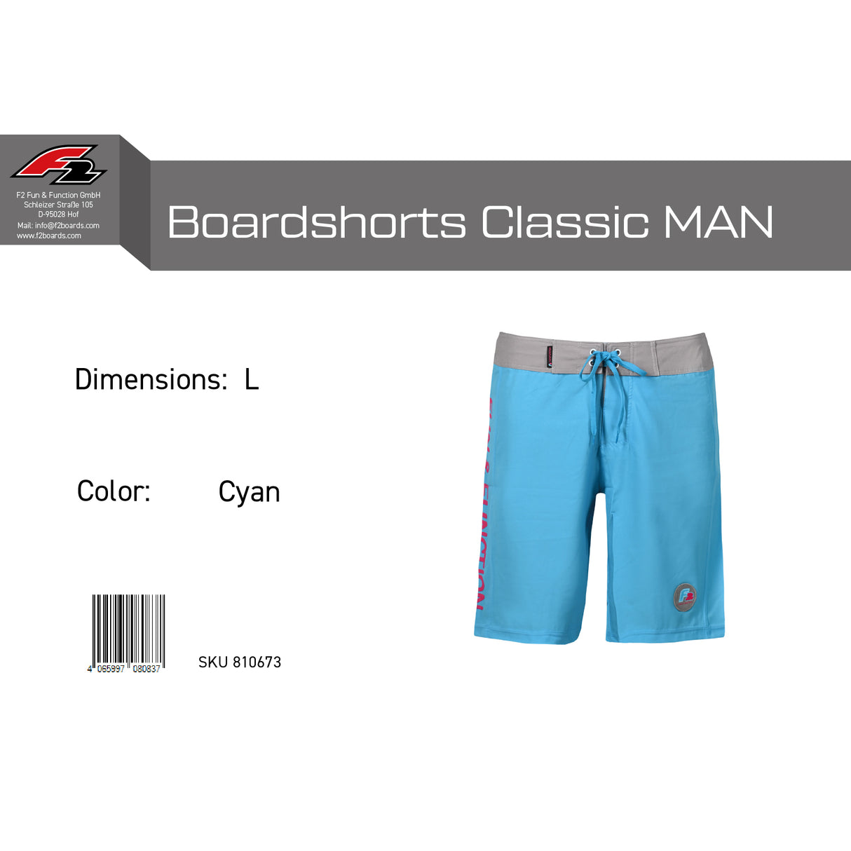 F2 Retro Boardshorts Classic Cyan Badeshorts Blau - Größe wählbar