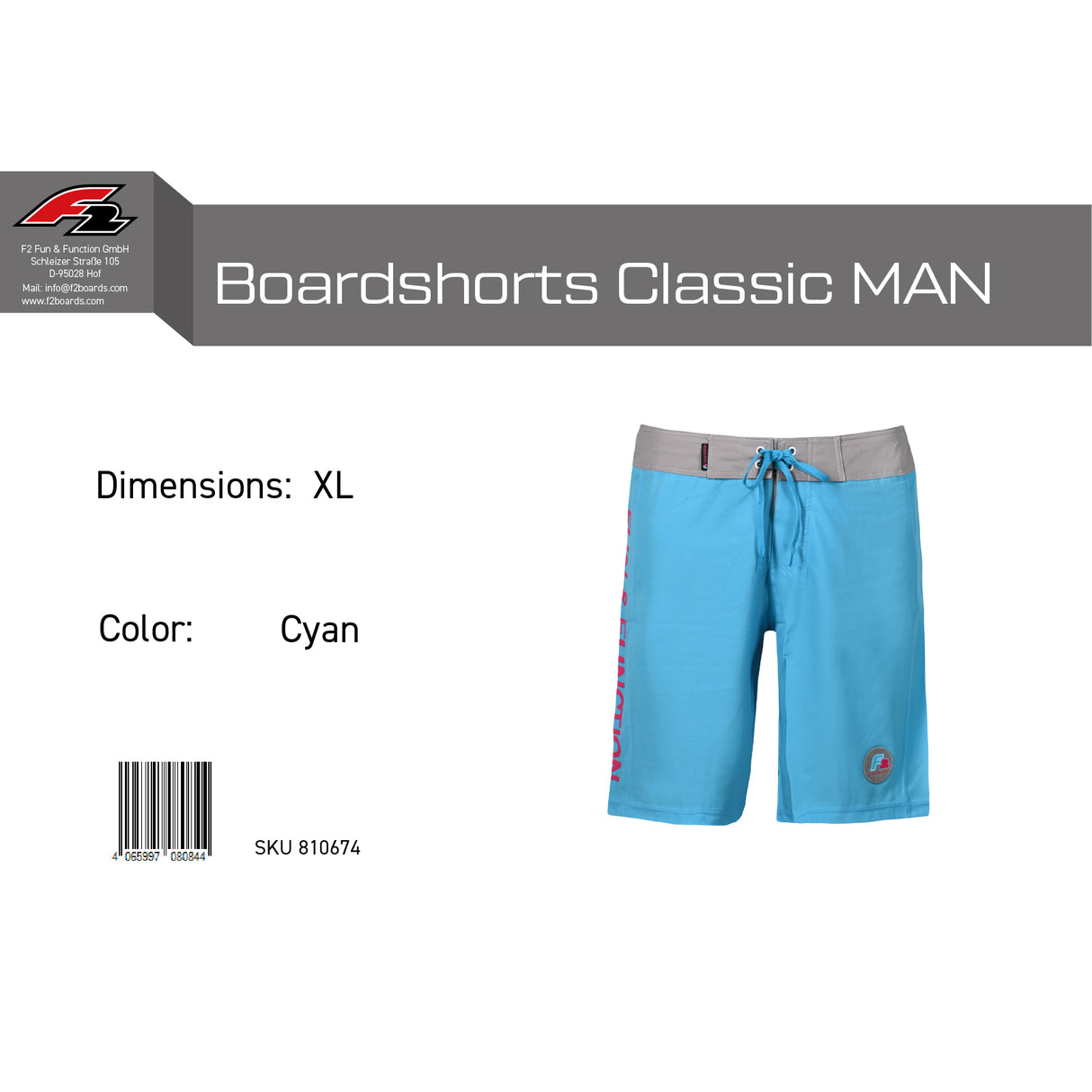 F2 Retro Boardshorts Classic Cyan Badeshorts Blau - Größe wählbar