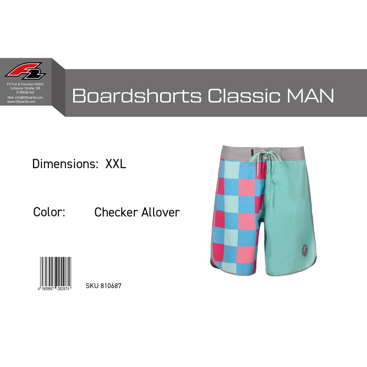 F2 Retro Boardshorts Classic Checker Oceangreen Badeshorts - Größe wählbar