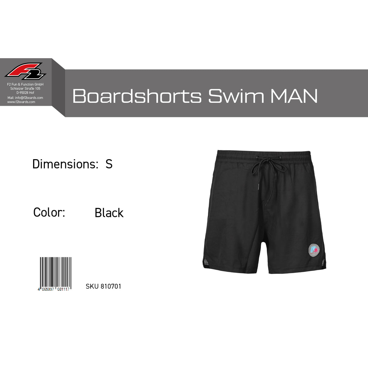 F2 Retro Boardshorts Swim Badeshorts Schwarz - Größe wählbar