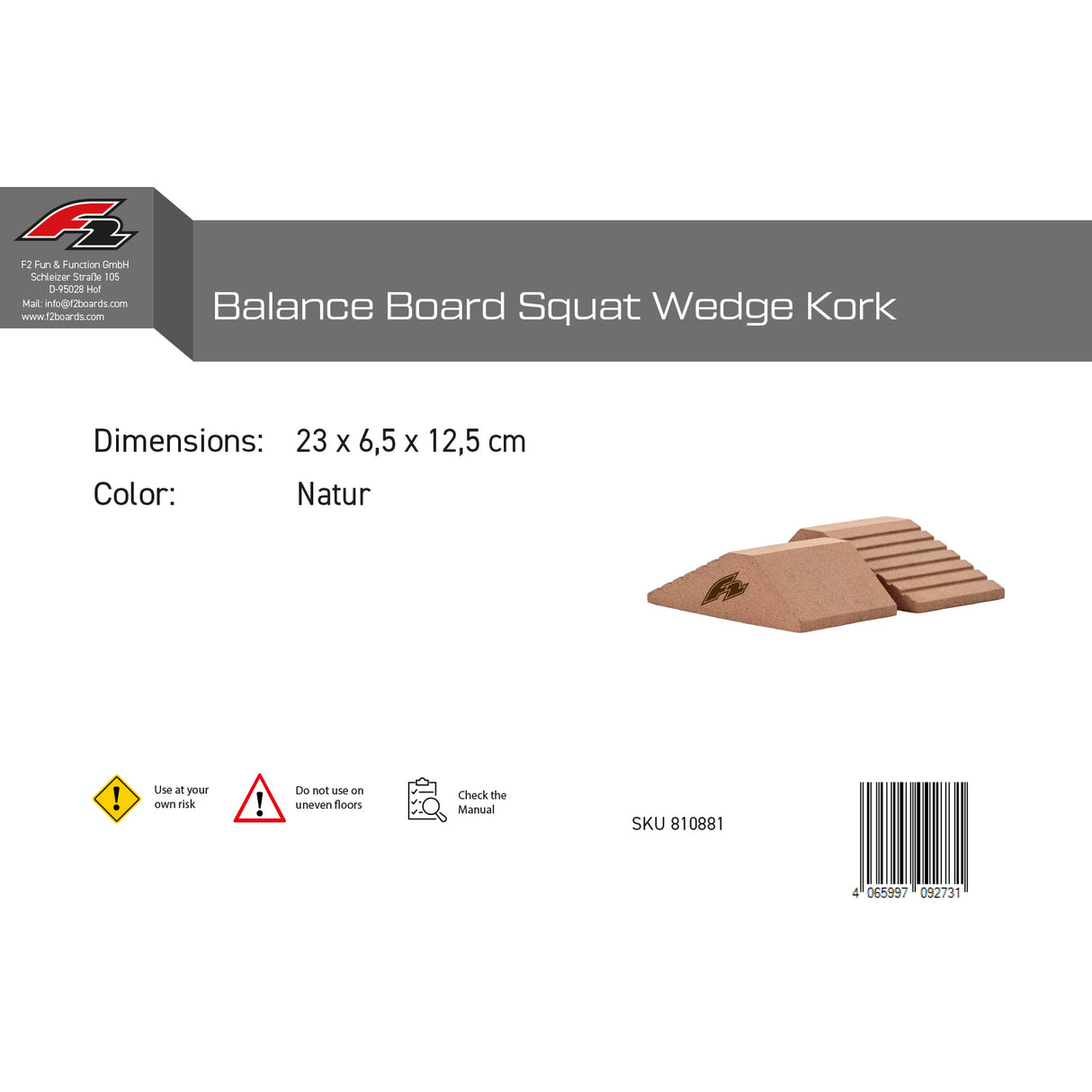 F2  Balance Board Squat Wedge Kork 23cm Natur