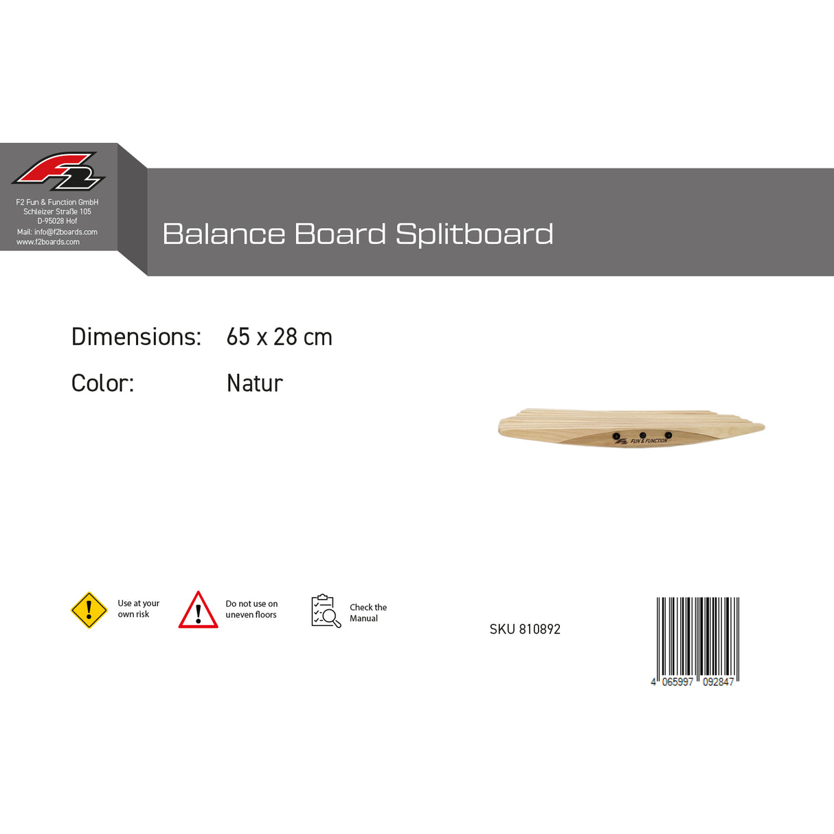 F2  Balance Board Splitboard Holz 65x28cm Natur