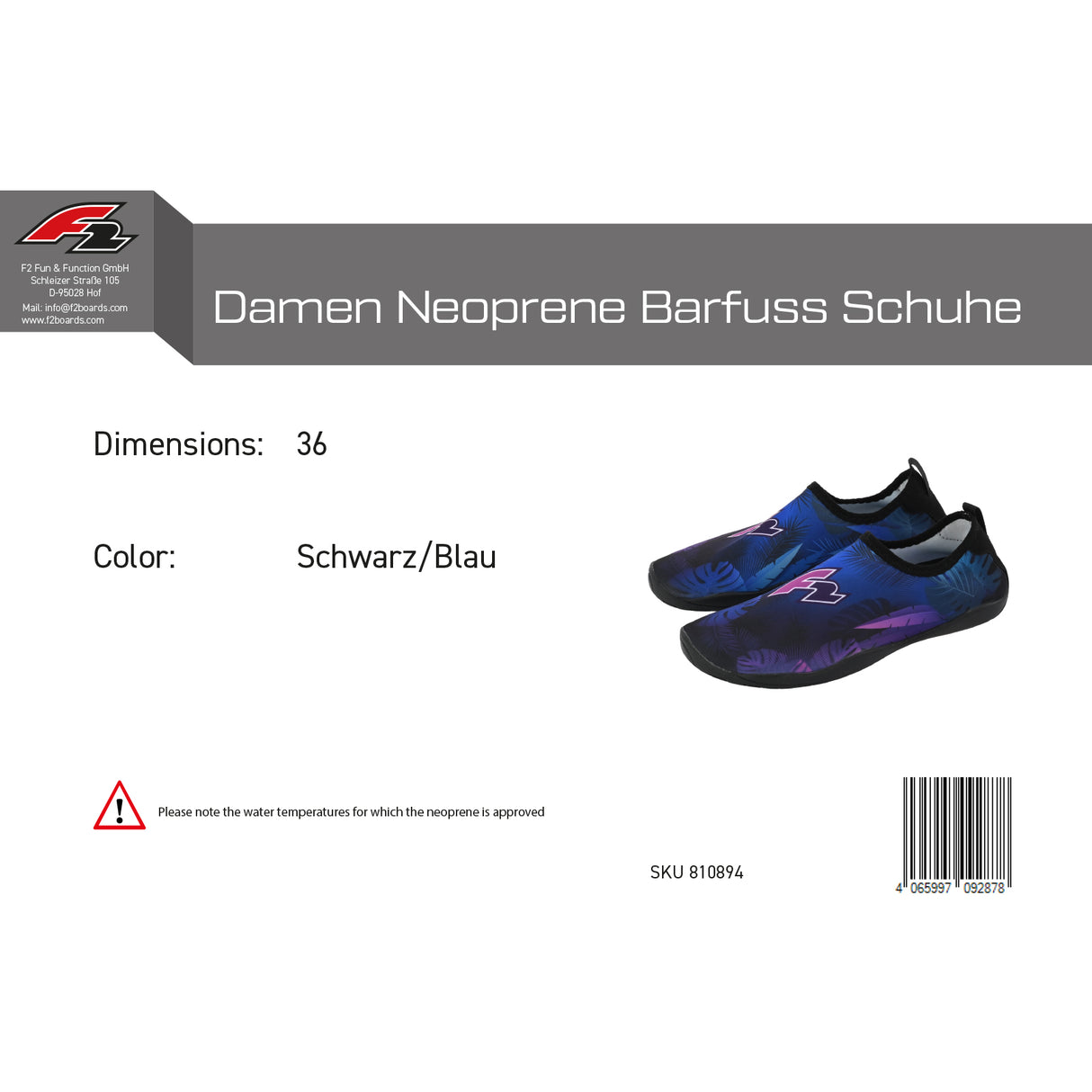 F2  Damen Neopren Schuhe Barfuss Schuhe  36 Schwarz/Blau