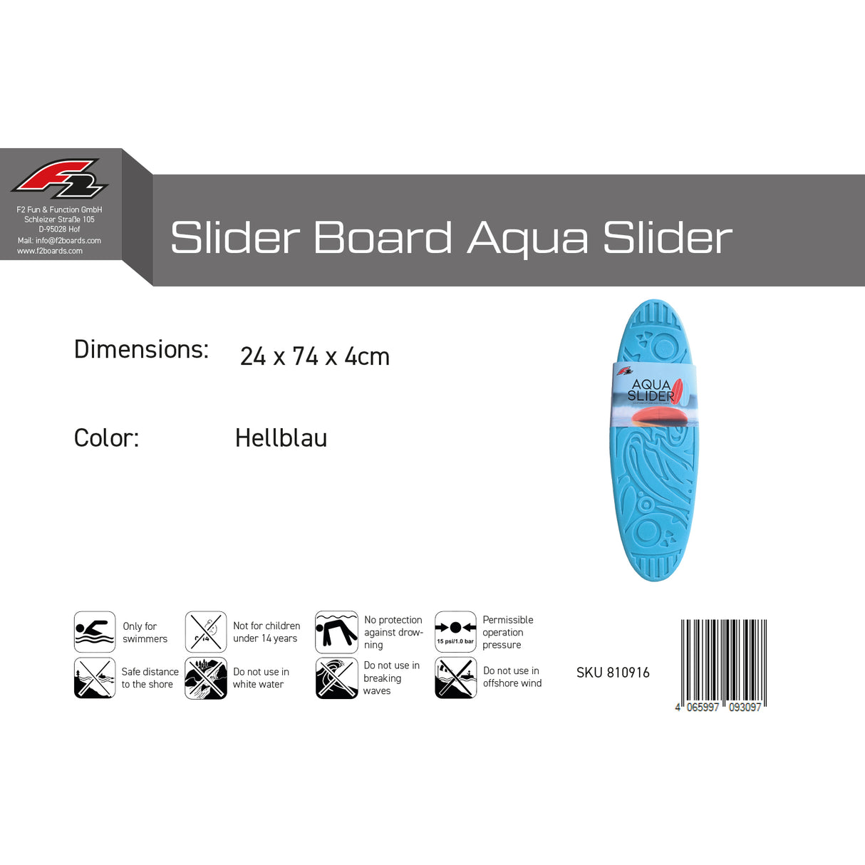 F2  Skim Board Aqua Slider  24 x 74 x 4cm Hellblau
