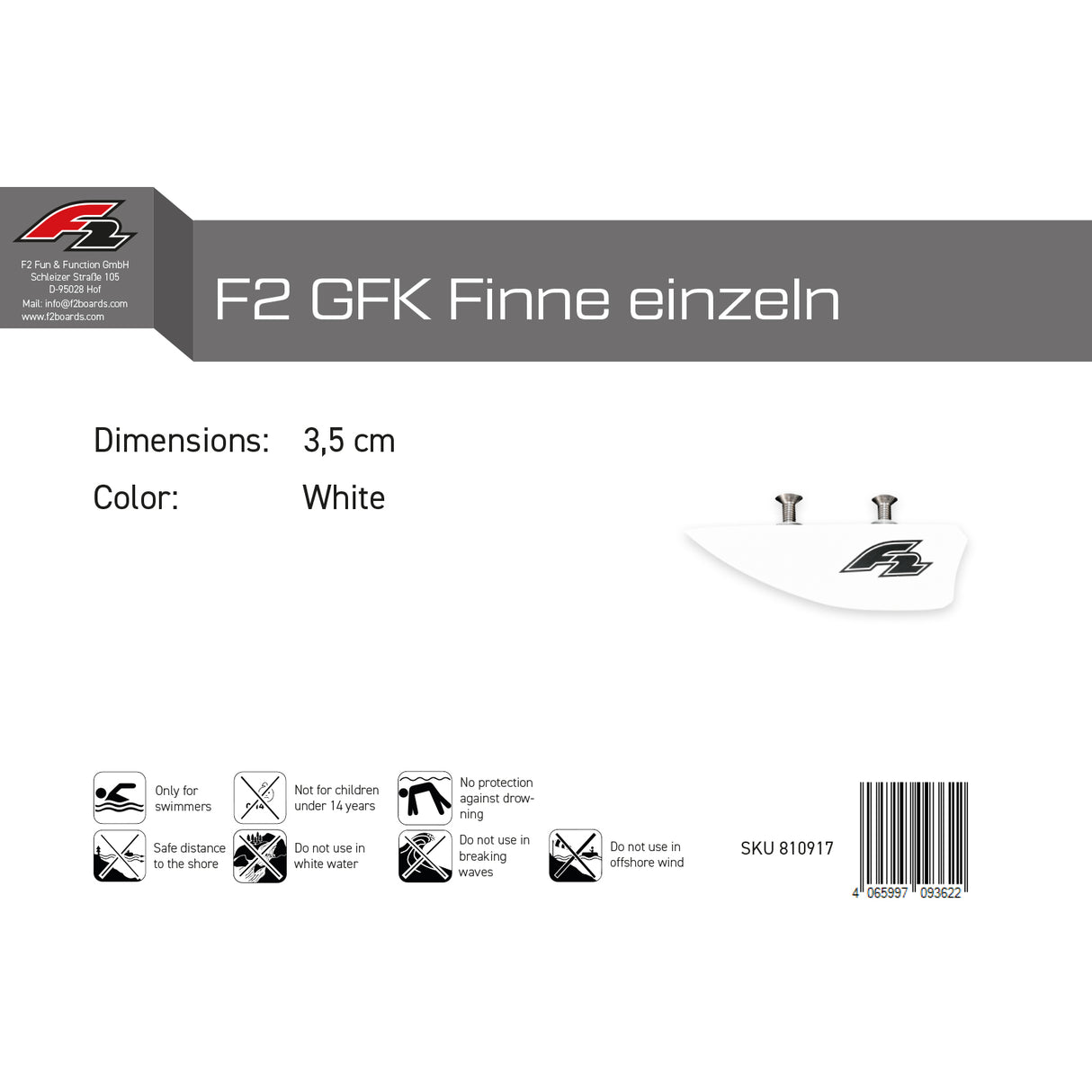 F2  Kiteboard Finne GFK Finne einzeln Weiss - Größe wählbar