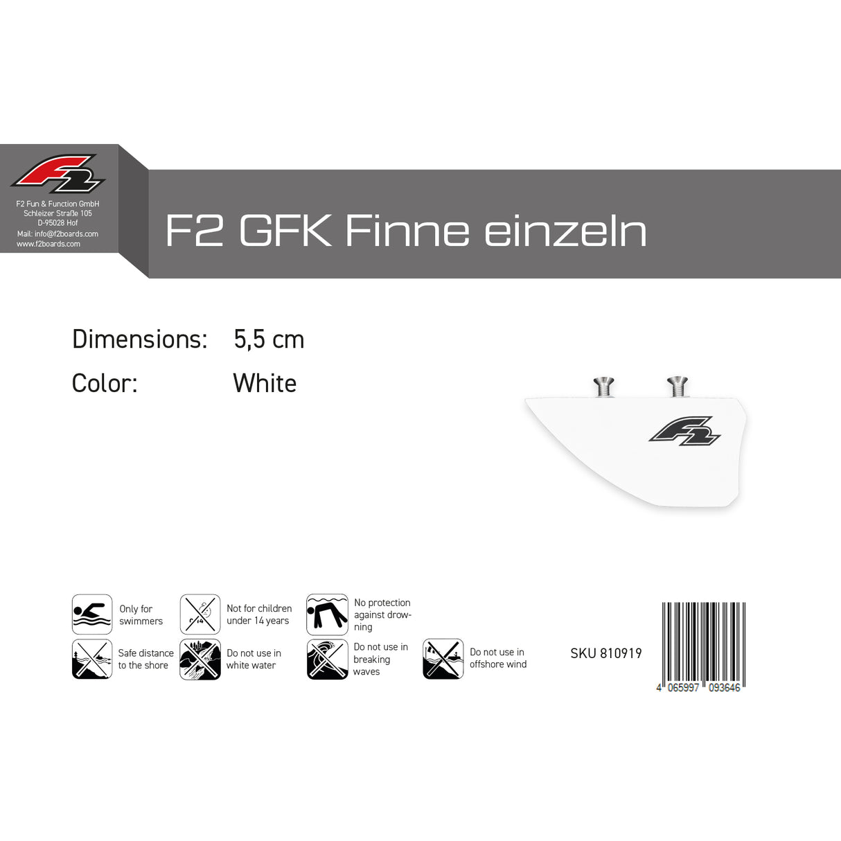F2  Kiteboard Finne GFK Finne einzeln Weiss - Größe wählbar