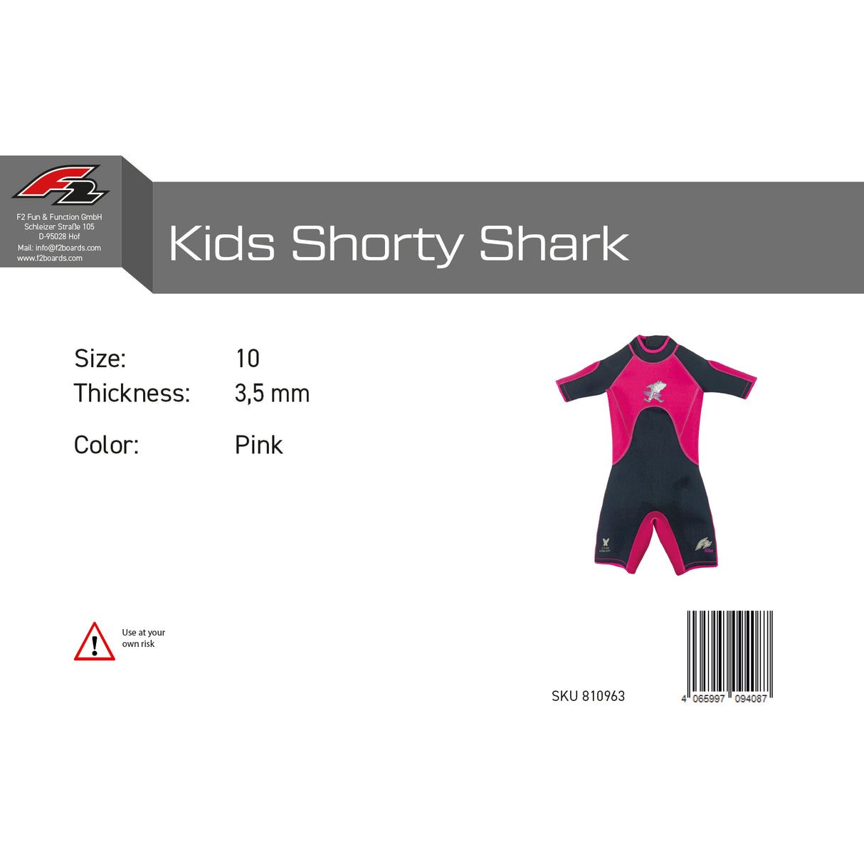 F2 Junior Neopren Anzug Shark Shorty Kurz - Größe/Farbe wählbar