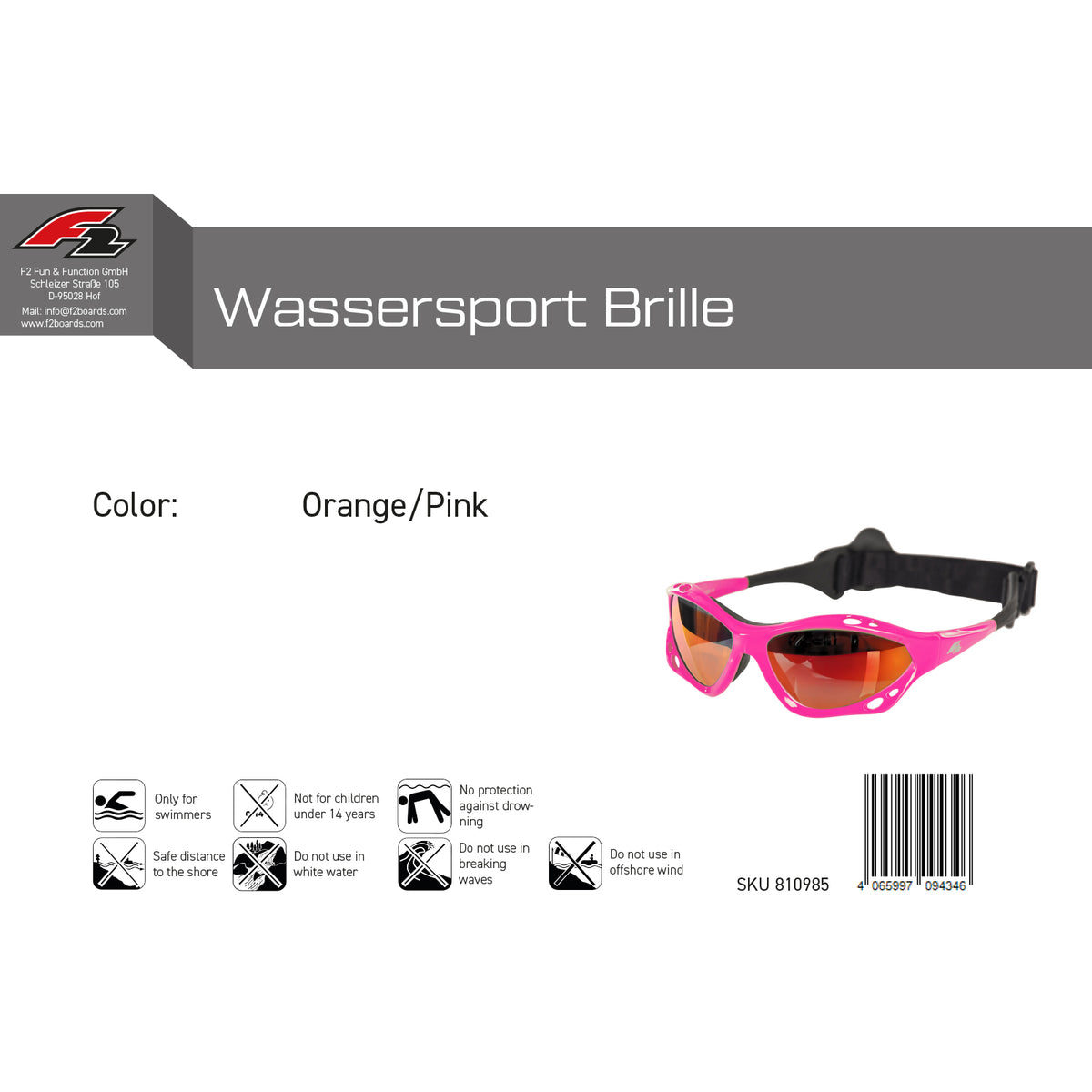 F2 Sportbrille Wassersport Wakeboard Kite Surf Brille One Size Pink/Rot