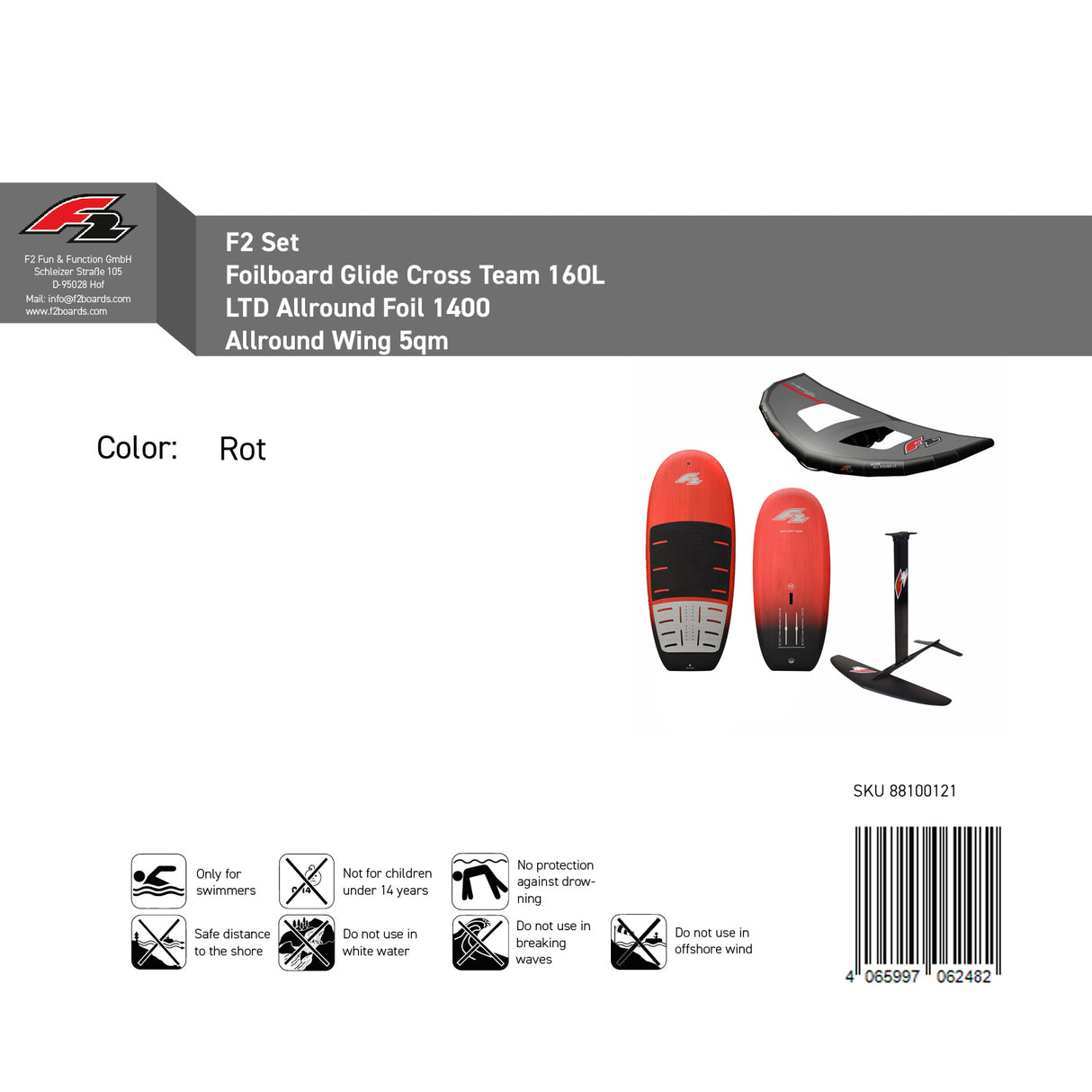 F2 Set Foilboard Glide Cross Team + Alu Limited Foil + Allround Wing Komplettset Größen wählbar