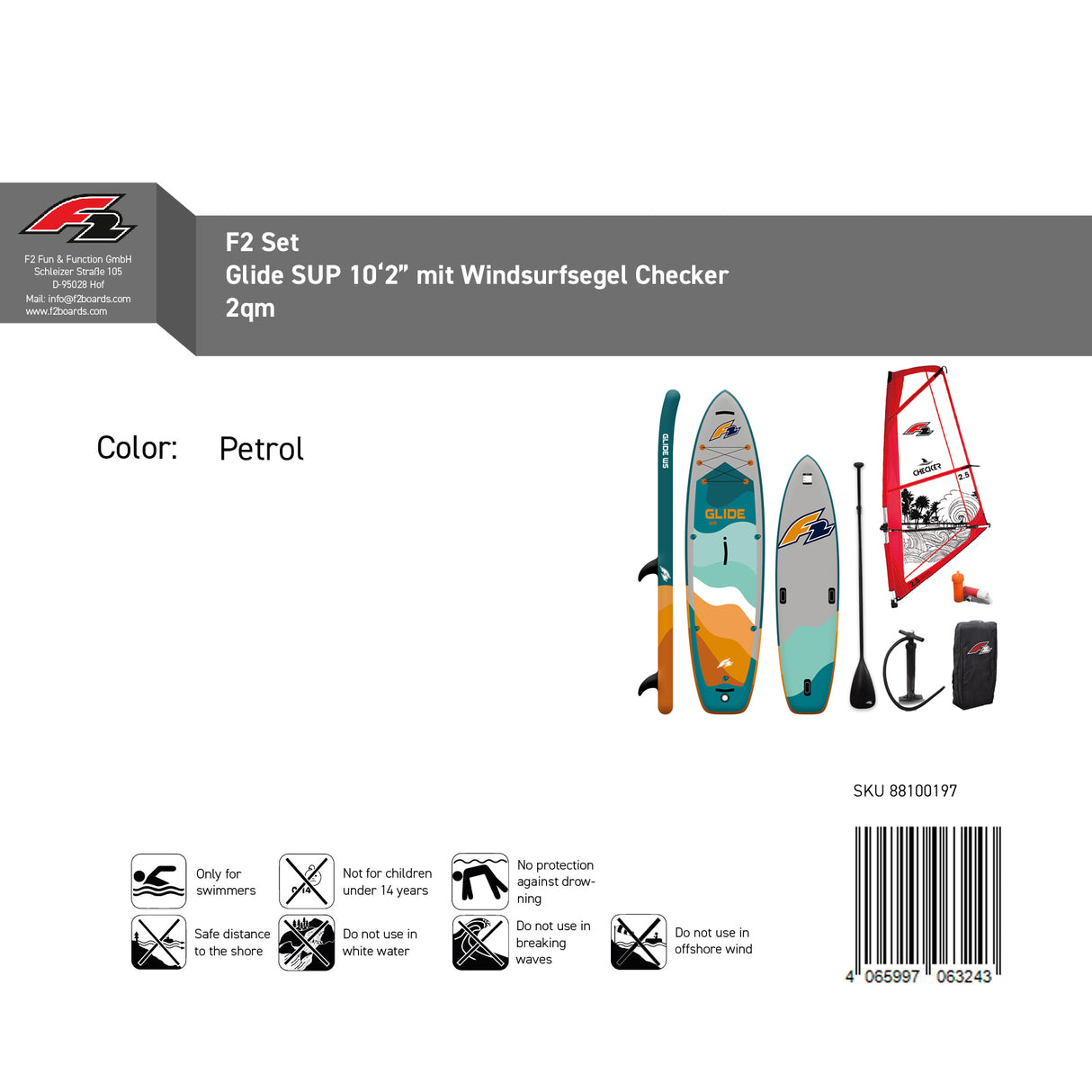 F2 Set Glide SUP 10'2" mit Windsurfsegel Checker Größen wählbar