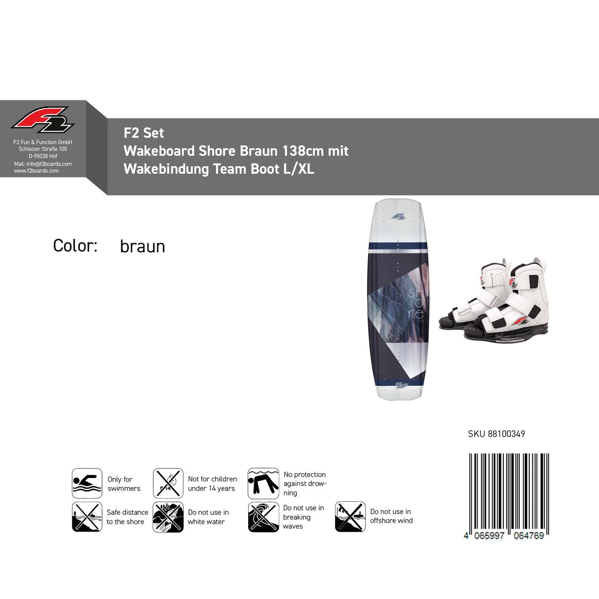F2 Set Wakeboard Shore Braun 138cm mit Wakebindung Team Boot L/XL