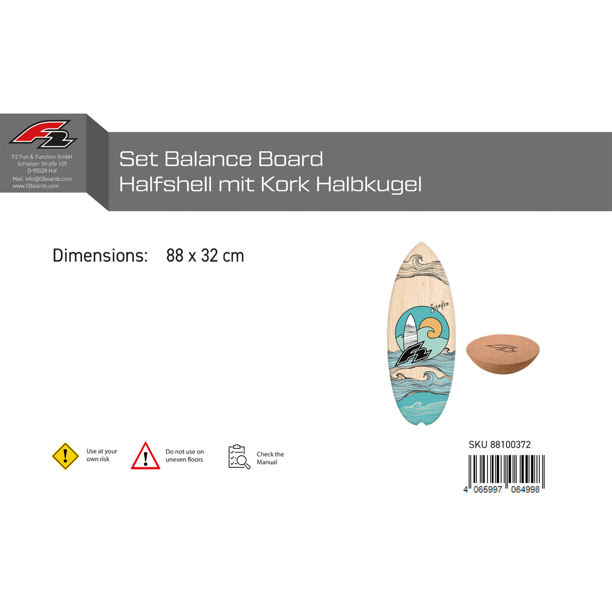 F2 Set Balance Board Halfshell 88x32cm mit Kork Halbkugel