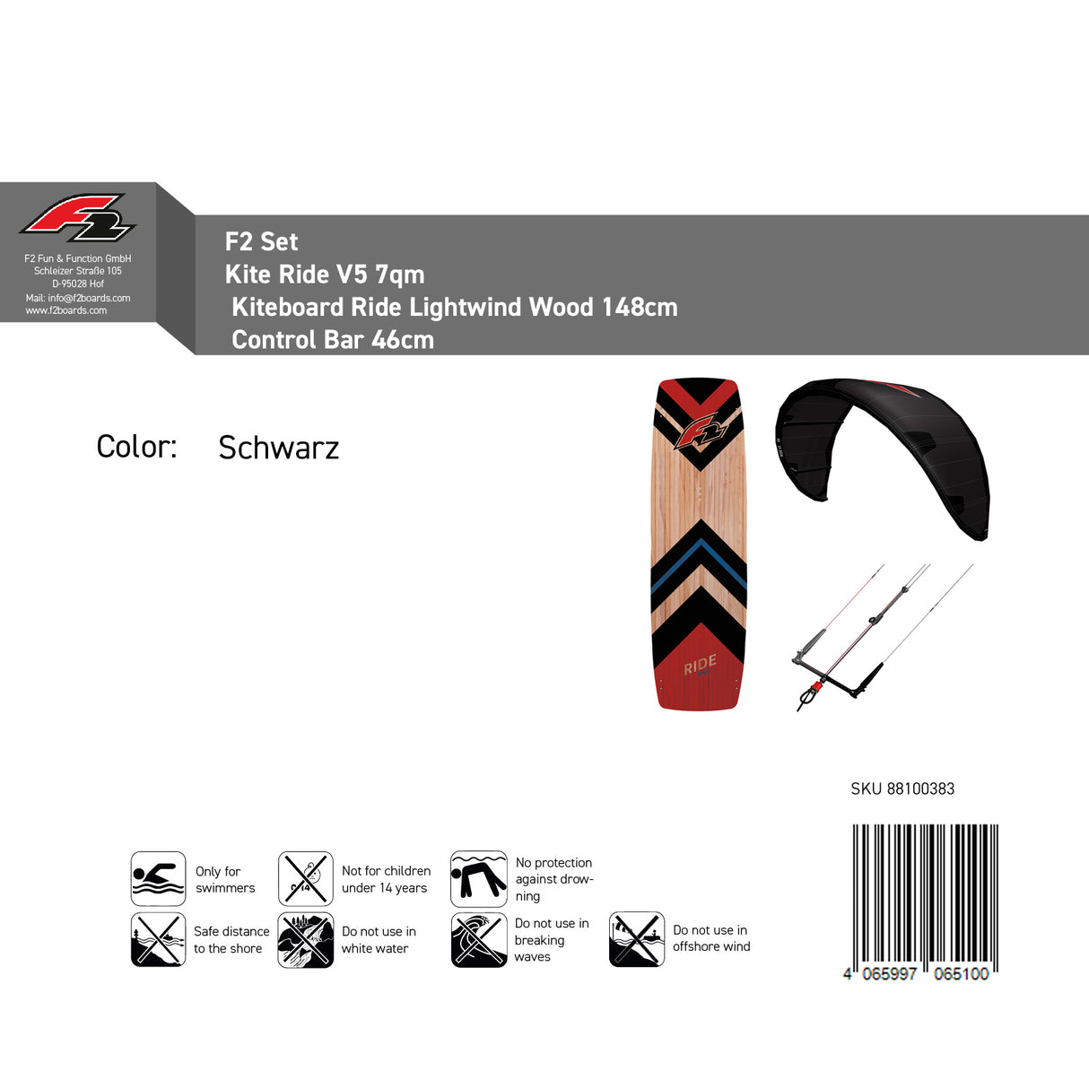 F2 Set Kite Ride V5 7qm + Kiteboard Ride Lightwind Wood 148cm + Control Bar 46cm