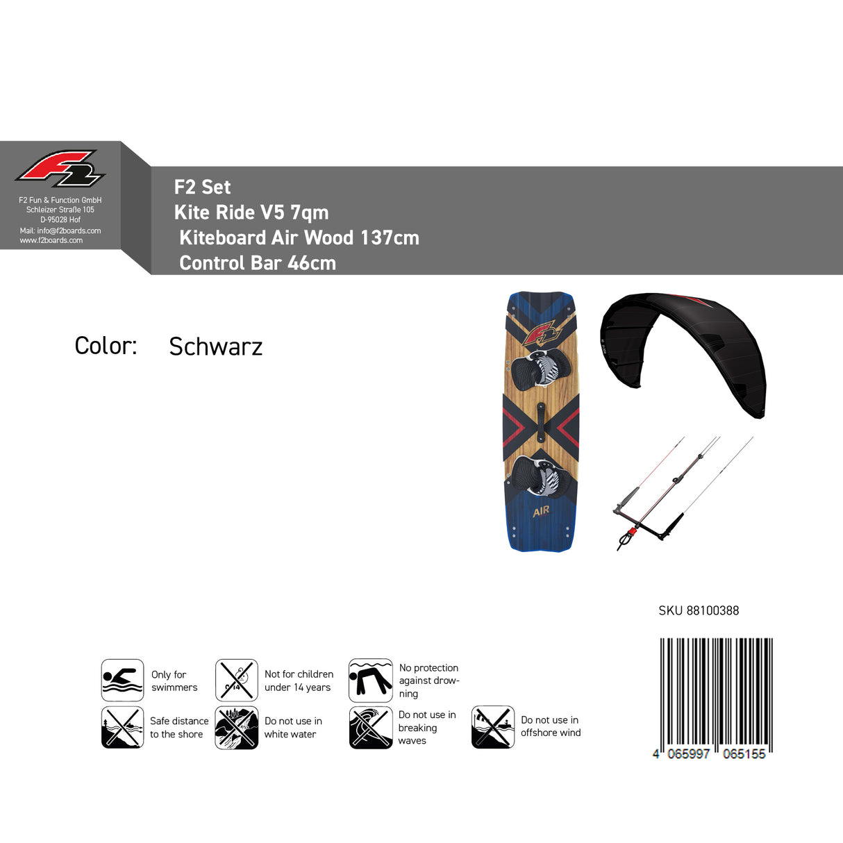 F2 Set Kite Ride V5 7qm + Kiteboard Air Wood 137cm + Control Bar 46cm