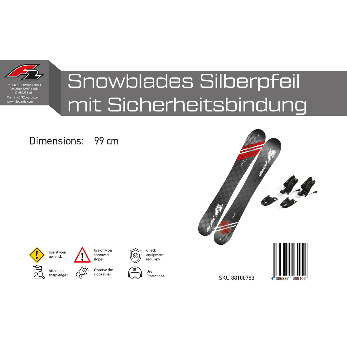 F2 Snowblades Silberpfeil 99cm Set mit Sicherheitsbindung Fun Ski Kurzski