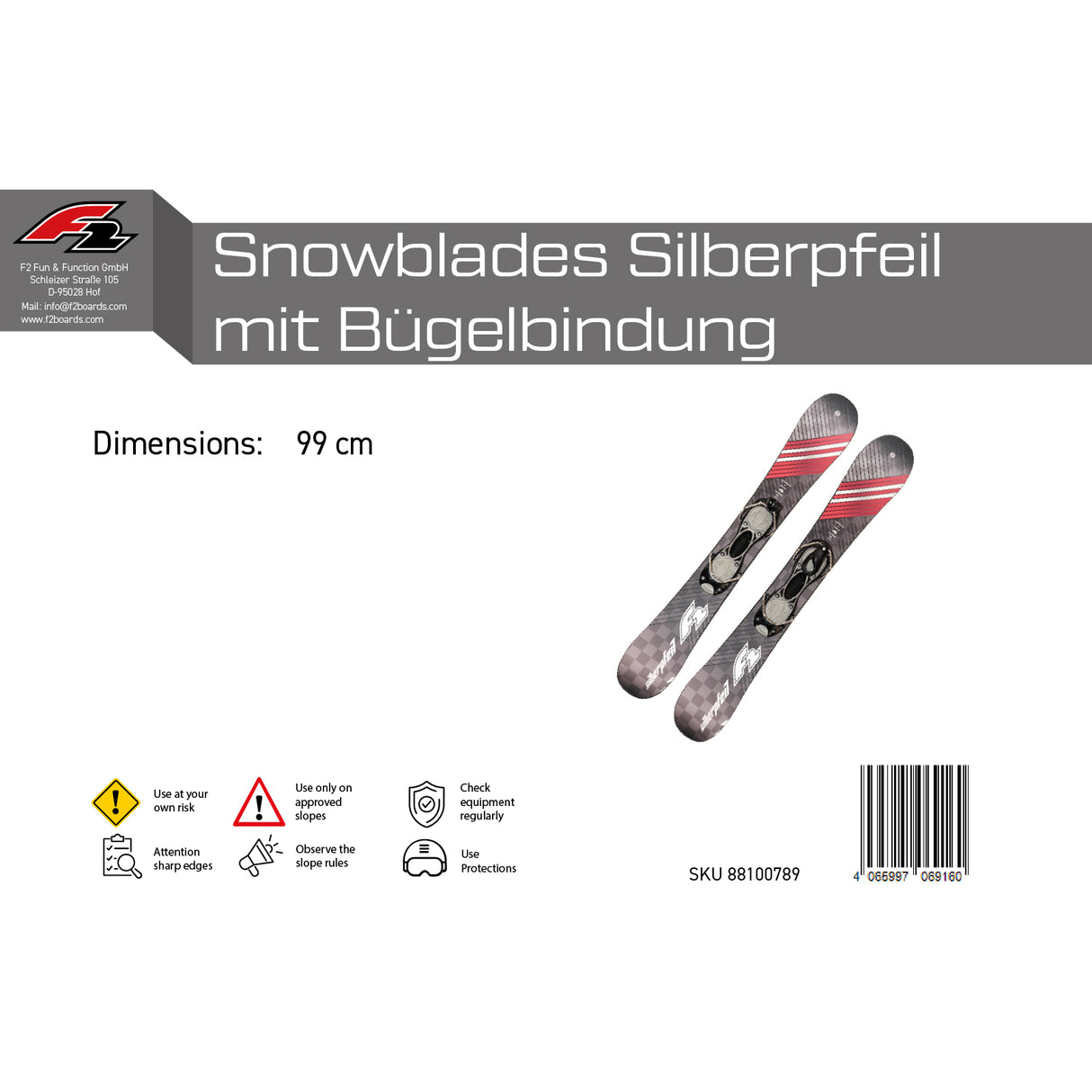 F2 Snowblades Silberpfeil  99cm Set mit Bügelbindung Fun Ski Kurzski