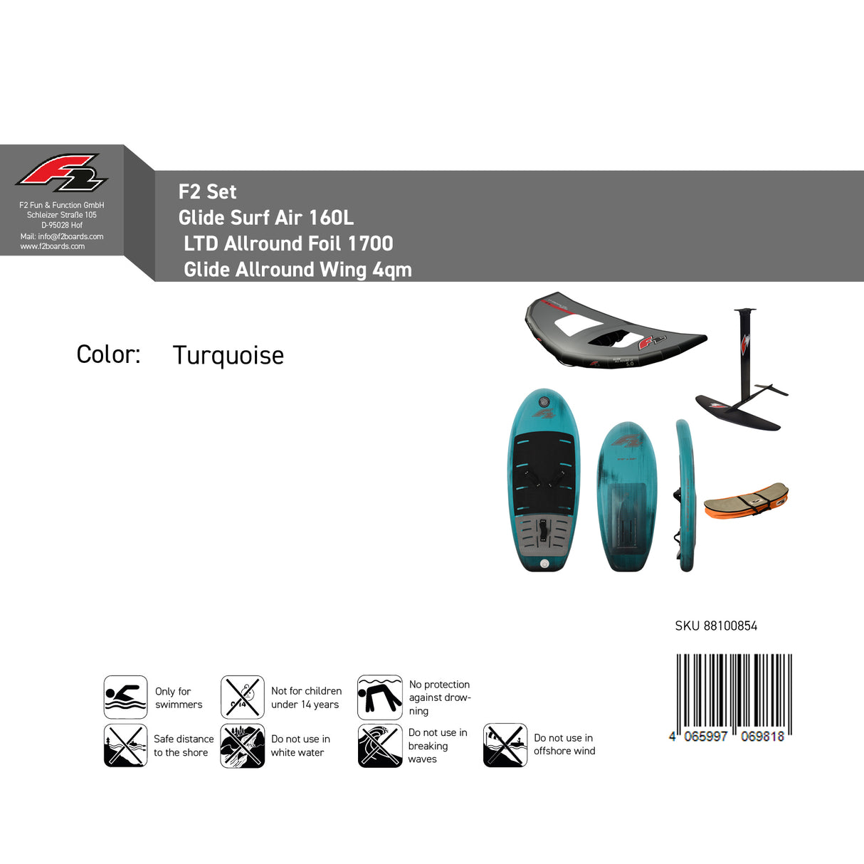 F2 Set Glide Surf Air 160L + LTD Allround Foil 1700 + Glide Allround Wing 4qm