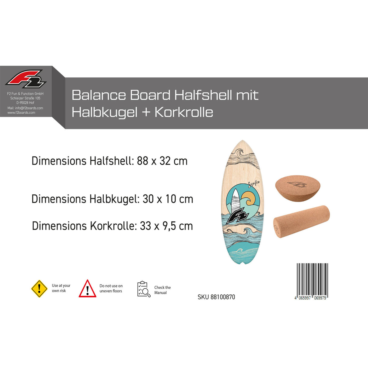 F2 Set Balance Board Halfshell 88x32cm + Halbkugel und Korkrolle
