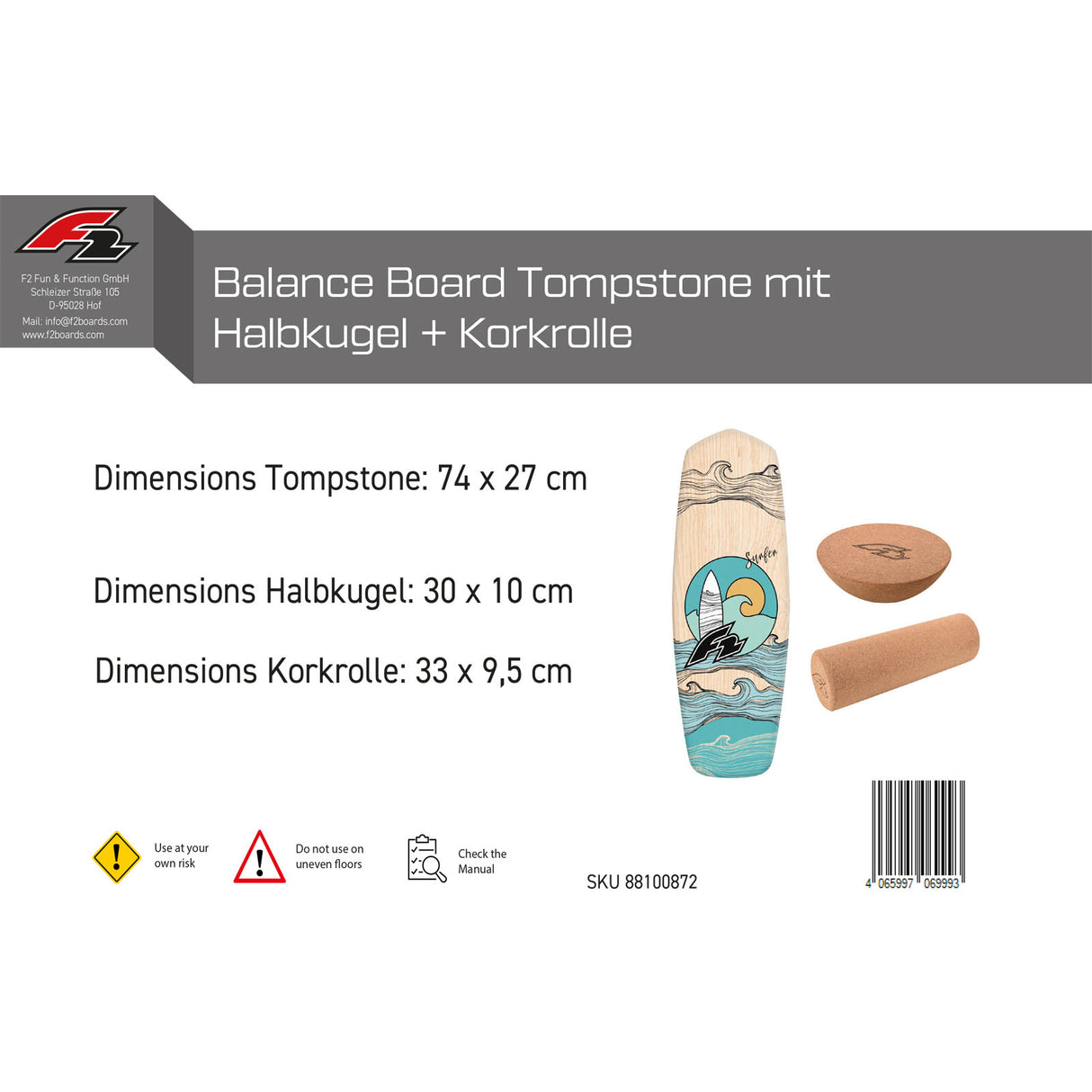 F2 Set Balance Board Tompstone 74x27cm + Halbkugel und Korkrolle