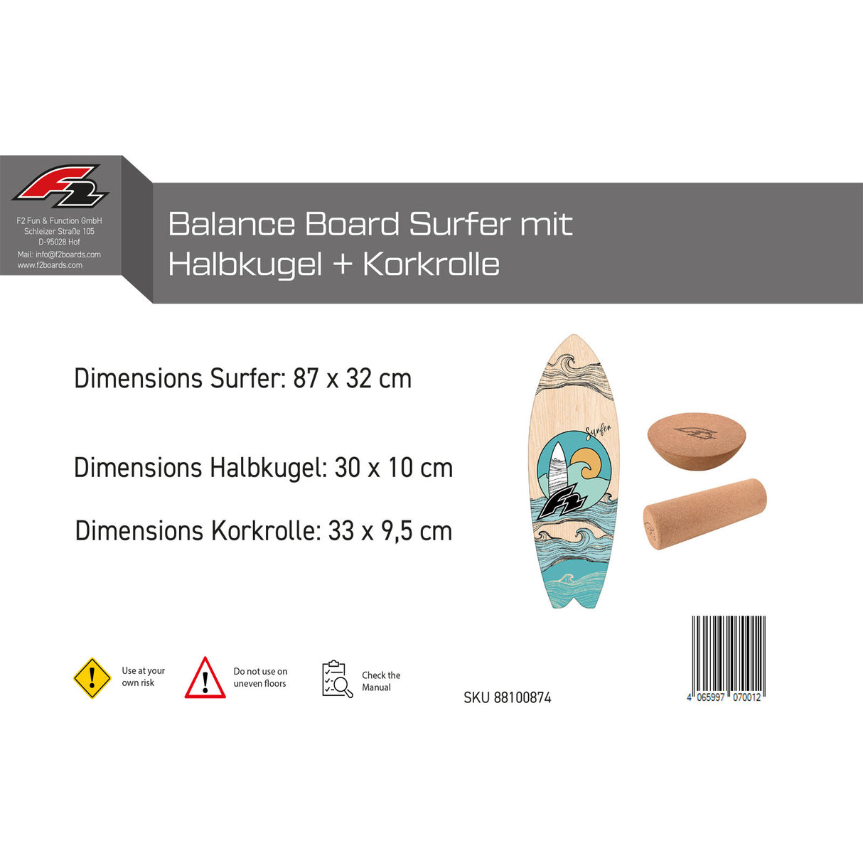 F2 Set Balance Board Surfer 87x32cm + Halbkugel und Korkrolle