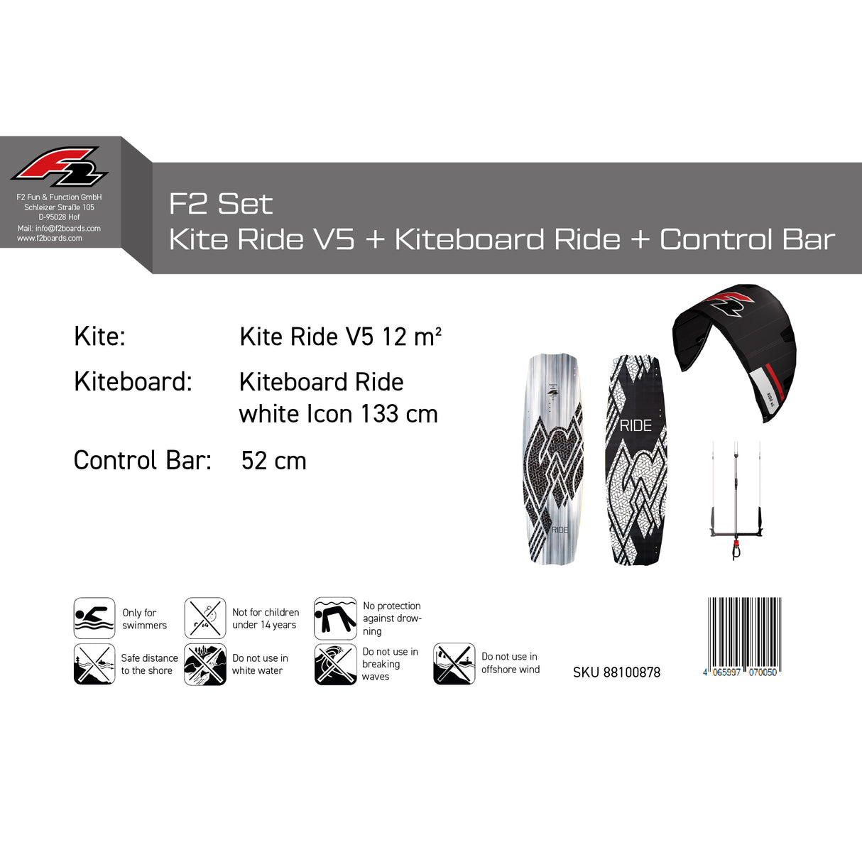 F2 Set Kite Ride V5 mit Kiteboard Ride White Icon und Control Bar Komplettset Größen wählbar