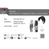 F2 Set Kite Ride V5 mit Kiteboard Ride White Icon und Control Bar Komplettset Größen wählbar