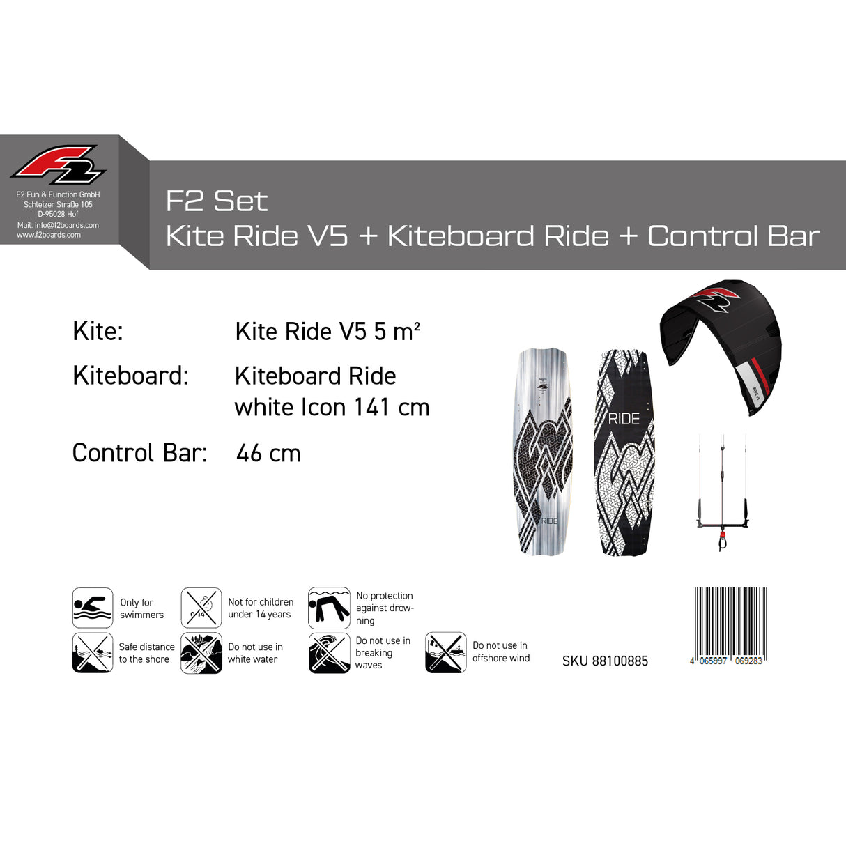 F2 Set Kite Ride V5 mit Kiteboard Ride White Icon und Control Bar Komplettset Größen wählbar