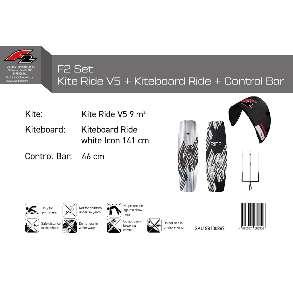 F2 Set Kite Ride V5 mit Kiteboard Ride White Icon und Control Bar Komplettset Größen wählbar