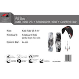 F2 Set Kite Ride V5 mit Kiteboard Ride White Icon und Control Bar Komplettset Größen wählbar