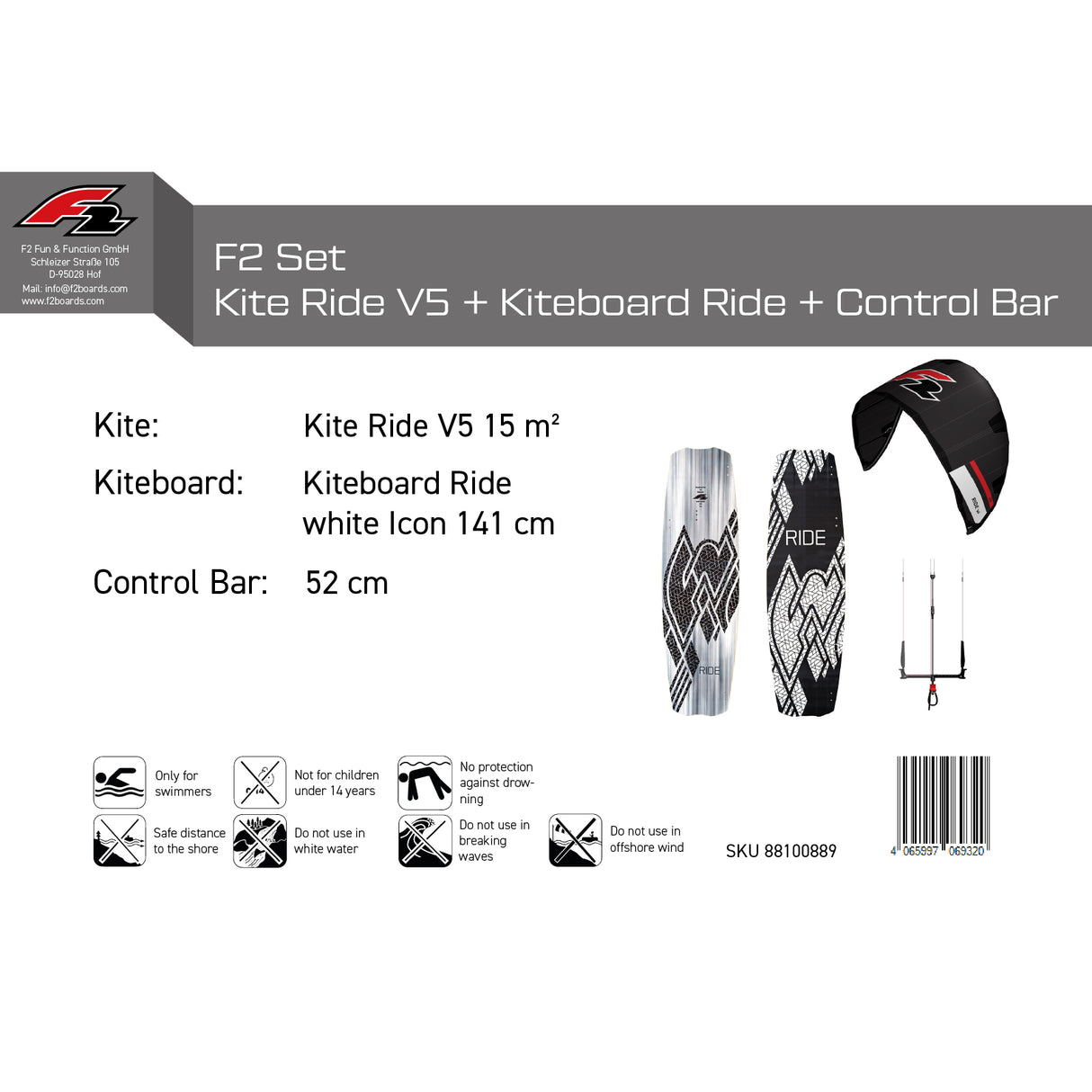 F2 Set Kite Ride V5 mit Kiteboard Ride White Icon und Control Bar Komplettset Größen wählbar