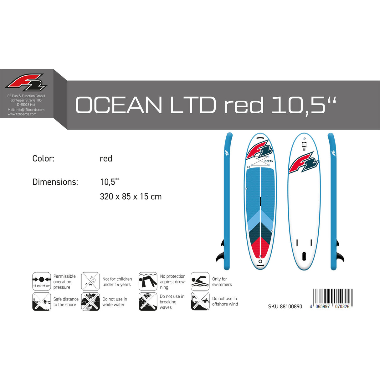 F2 Marken Stand Up Paddle Board OCEAN SUP mit Zubehörpaket - Ausführung wählbar
