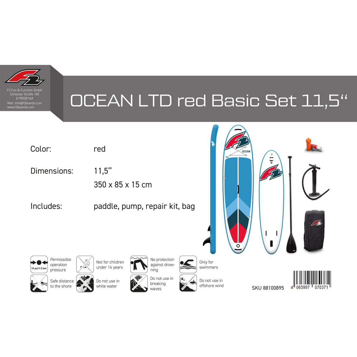 F2 Marken Stand Up Paddle Board Ocean LTD Rot - Größen und Zubehör wählbar