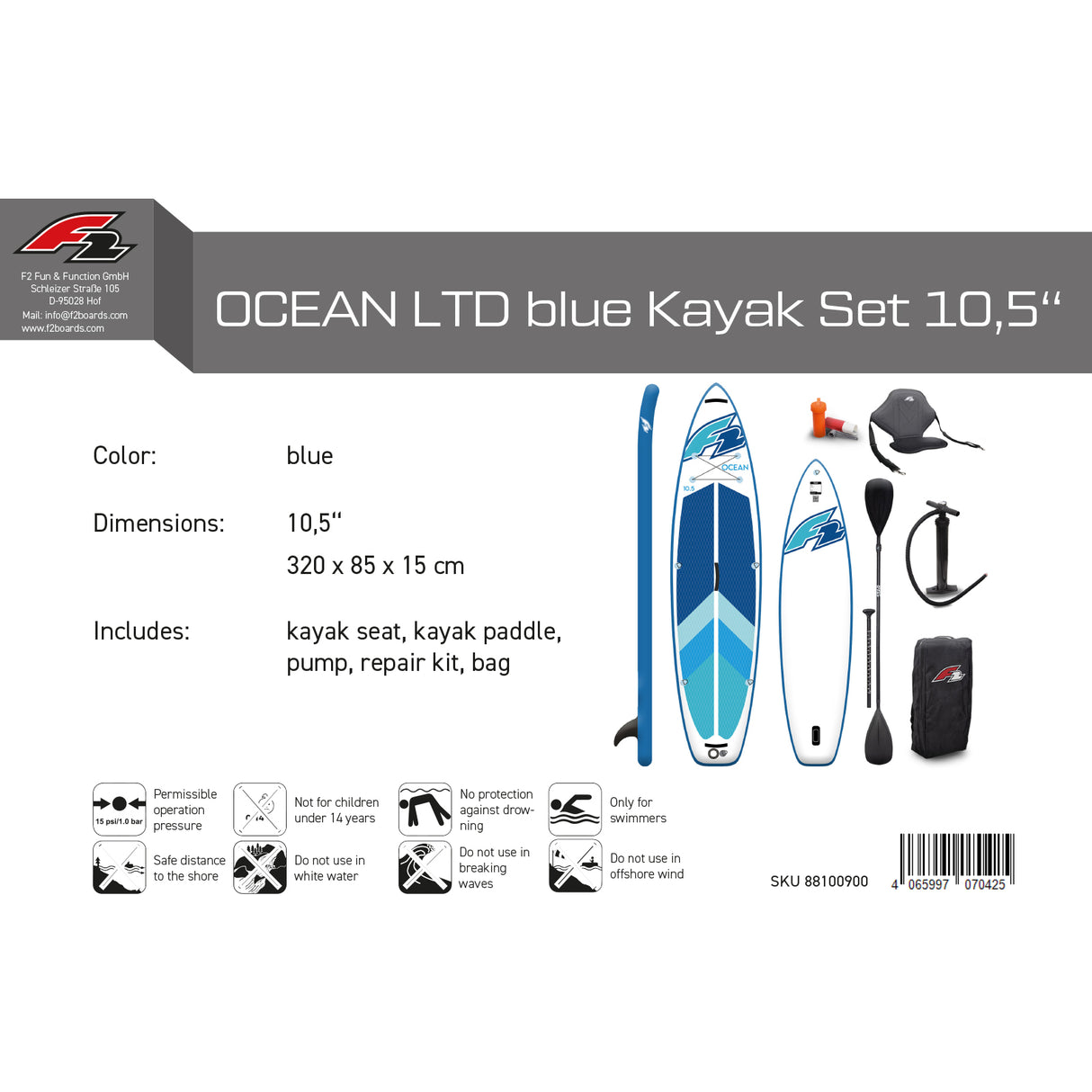 F2 Marken Stand Up Paddle Board Ocean LTD Blau - Größen und Zubehör wählbar