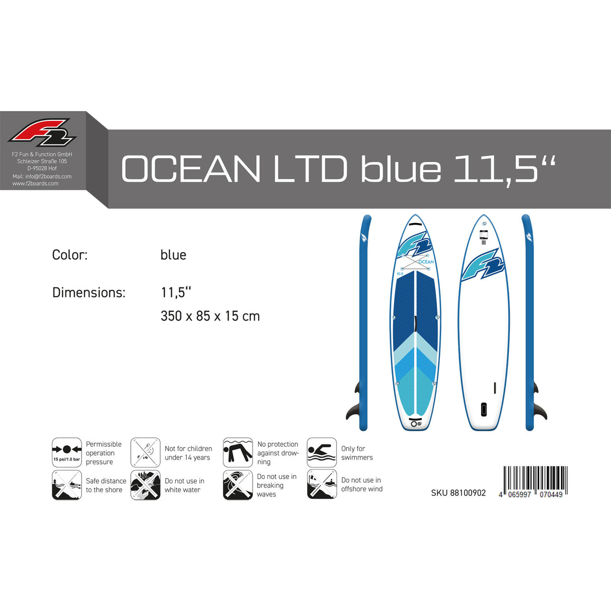 F2 Marken Stand Up Paddle Board OCEAN LTD Blau SUP Board Only  11'5 350cm