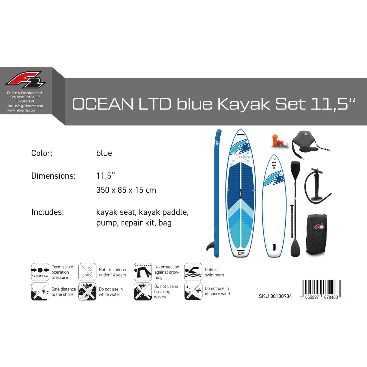 F2 Marken Stand Up Paddle Board Ocean Blau SUP 11'5 350cm + Kajak Zubehör Paket