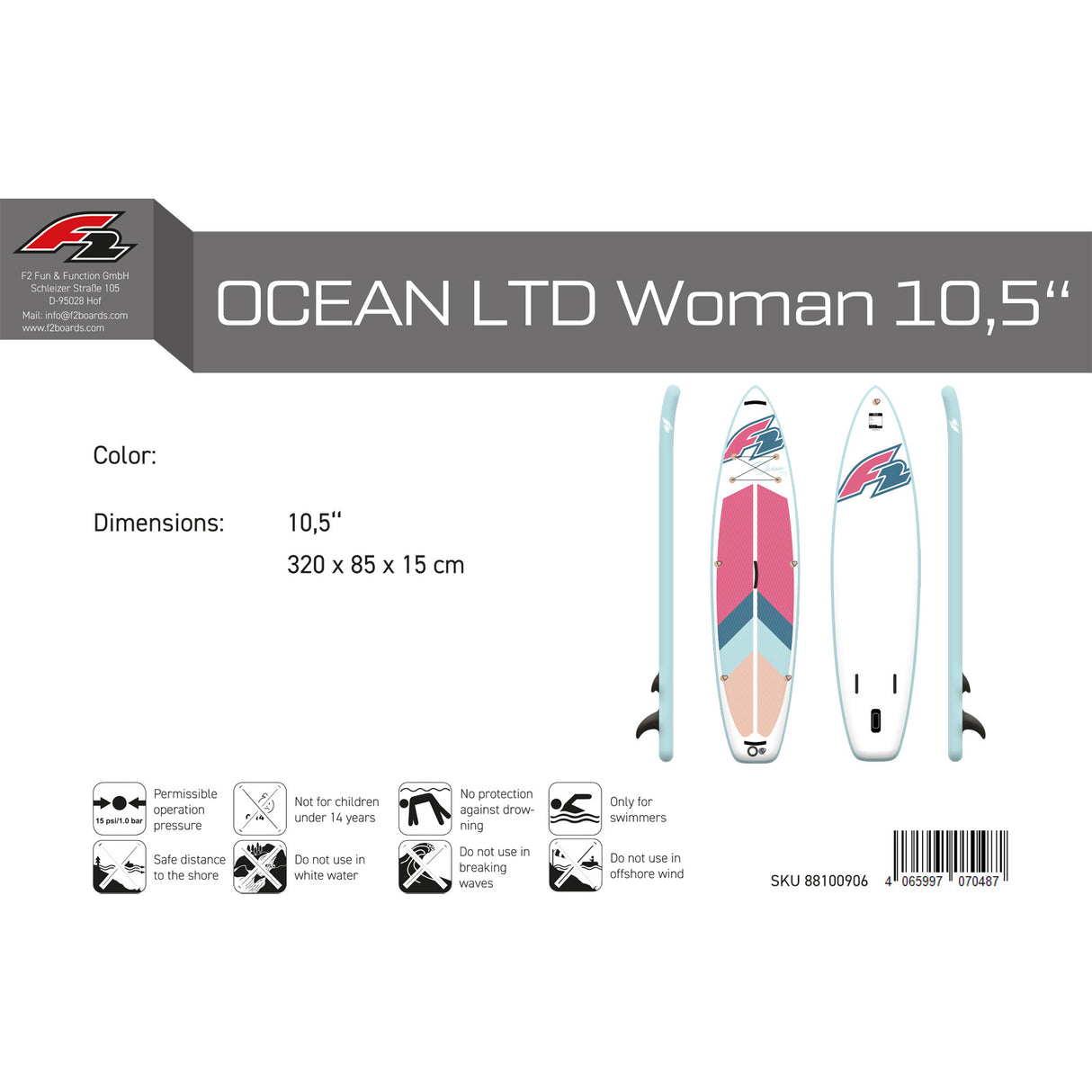 F2 Damen Marken Stand Up Paddle Board Ocean LTD - Größen und Zubehör wählbar