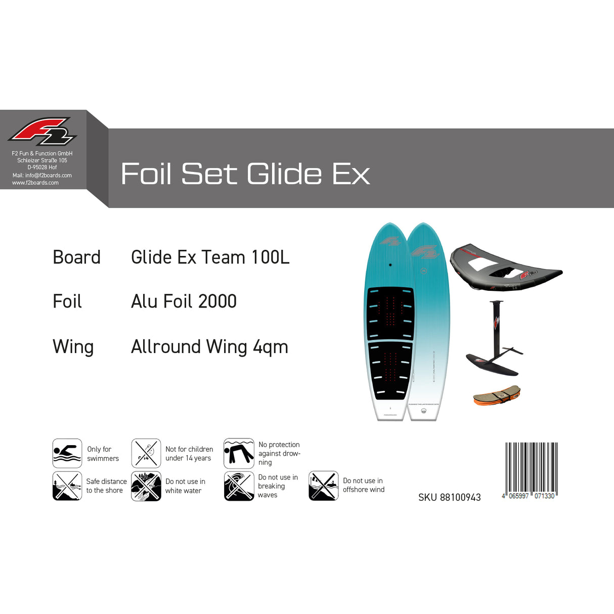 F2 Set Foilboard Glide Ex 100L mit Alu Foil 2000 + Allround Wing 4qm