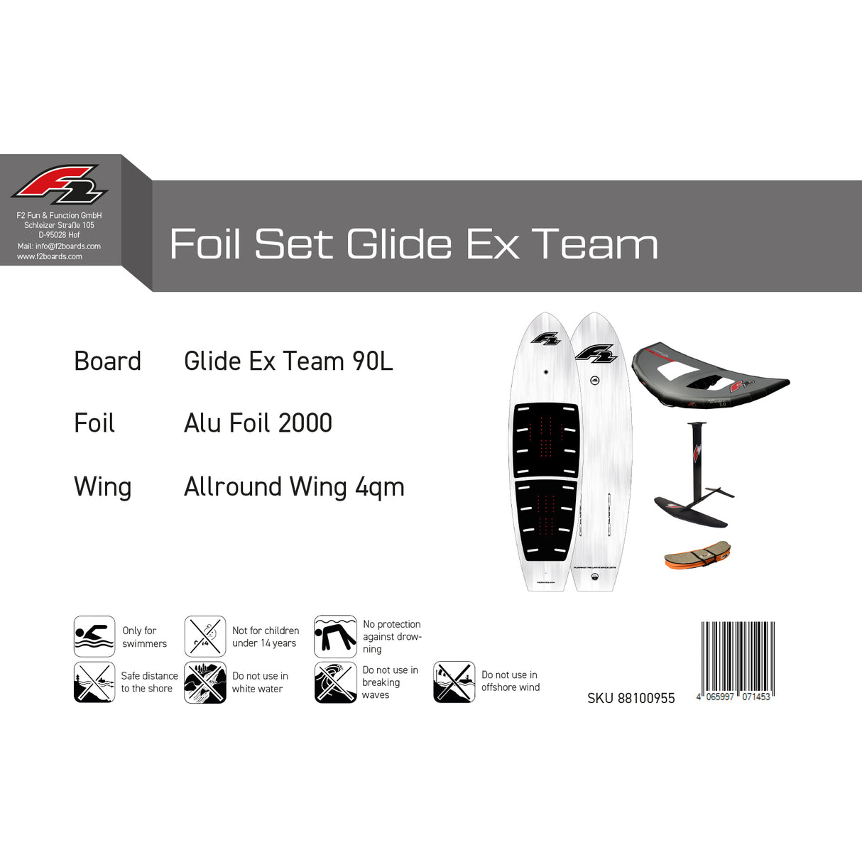 F2 Set Foilboard Glide Ex Team 90L mit Alu Foil 2000 + Allround Wing 4qm