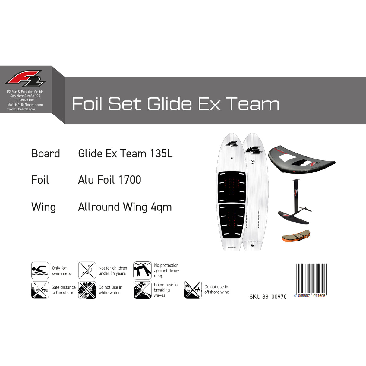 F2 Set Foilboard Glide Ex Team 135L mit Alu Foil 1700 + Allround Wing 4qm
