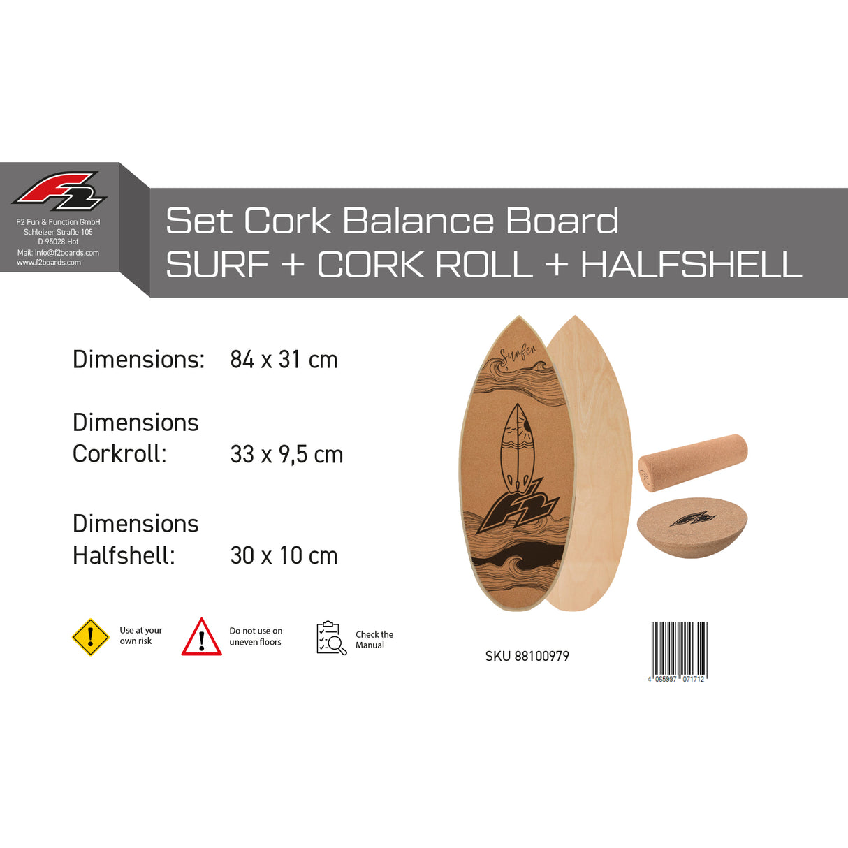 F2 Kork Balance Board Surf 84x31cm mit Korkrolle + Kork Halbkugel